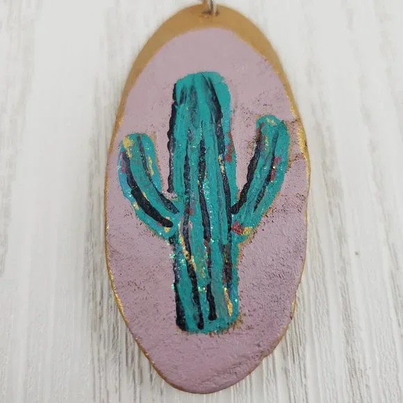 Wood Oval SINGLE Earring Cactus Painted Drop - Picture 3 of 5